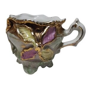 Vintage Bone China Demitasse Cup Green Pink Raised Flowers Footed Two Inches SEE